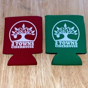 A pair of 2 Towns Cider House Can Coozie Koozie